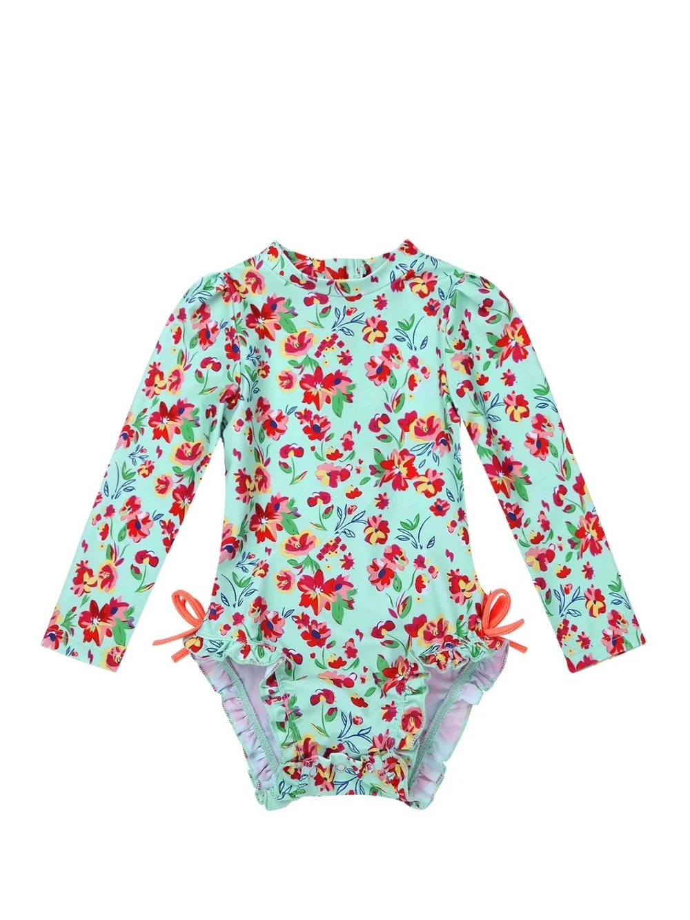 RuffleButts toddler Girls' Mint Floral Long-Sleeve Rash Guard Swimsuit Size: 2T
